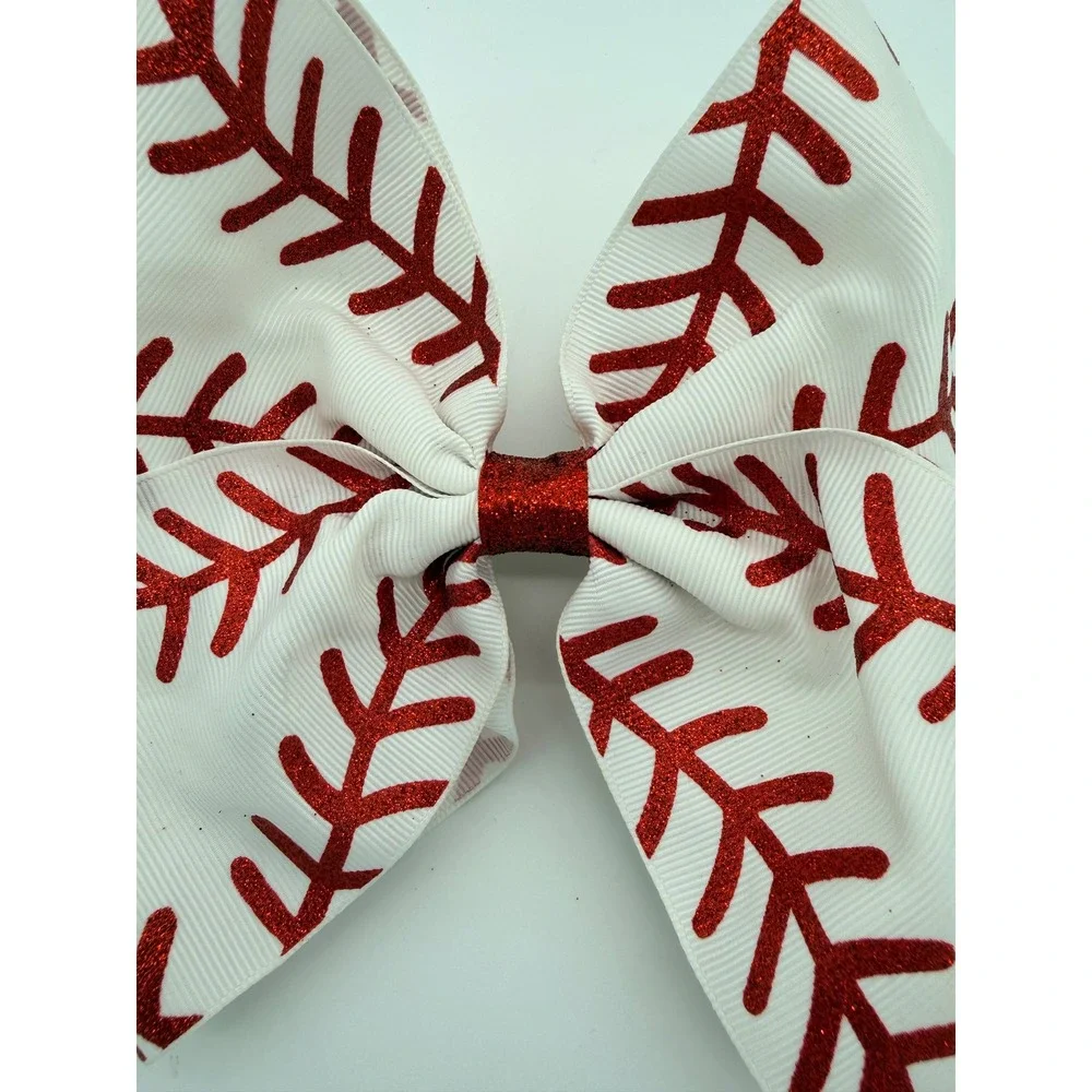 Baseball Hair Bow Red Glitter Stitching White Grosgrain Alligator Clip Kids
